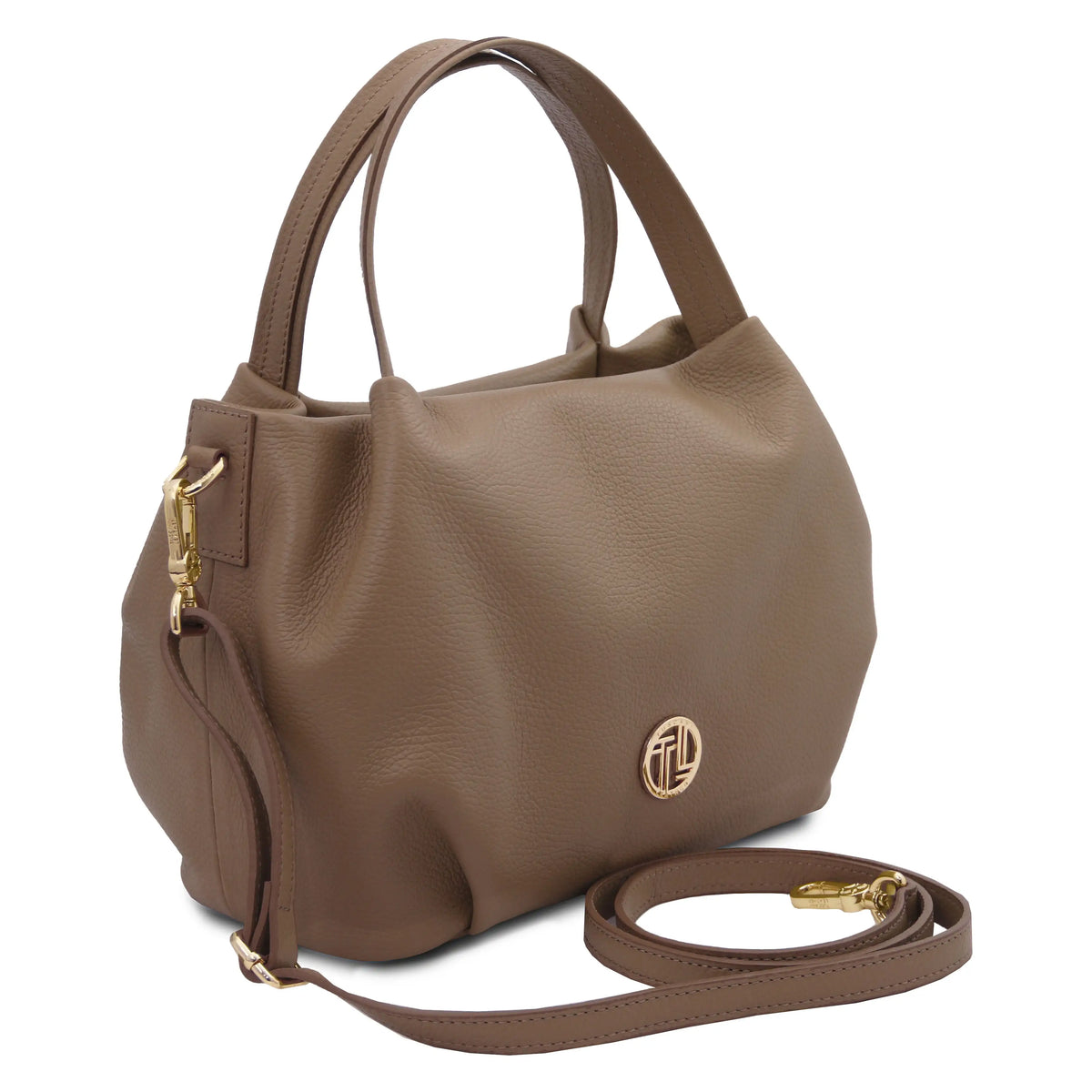 Taupe handbag with a visible brand logo on a white background with detachable shoulder strap