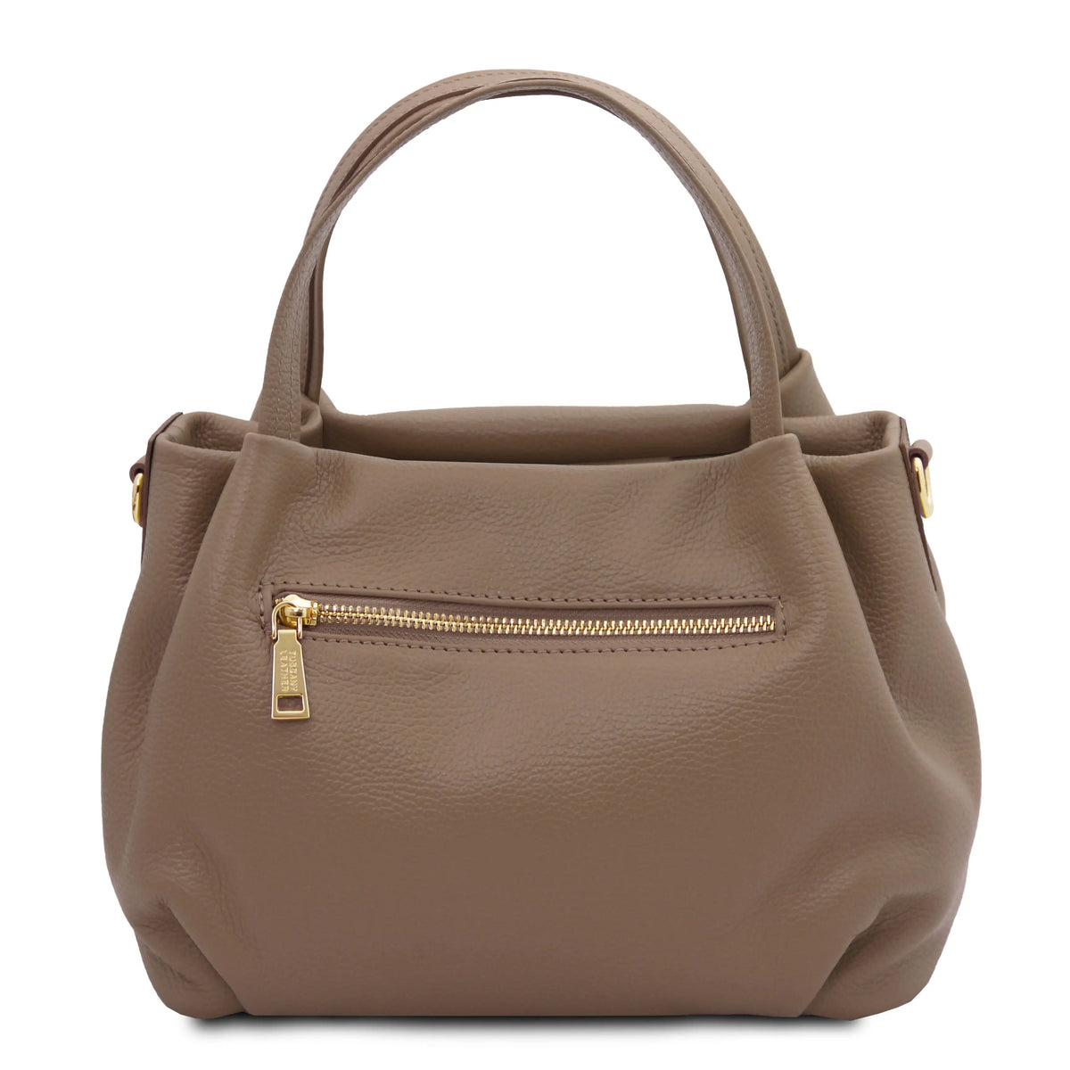 A taupe pebbled leather handbag with gold-tone hardware, featuring dual top handles and a back zippered pocket, shown against a plain white background.