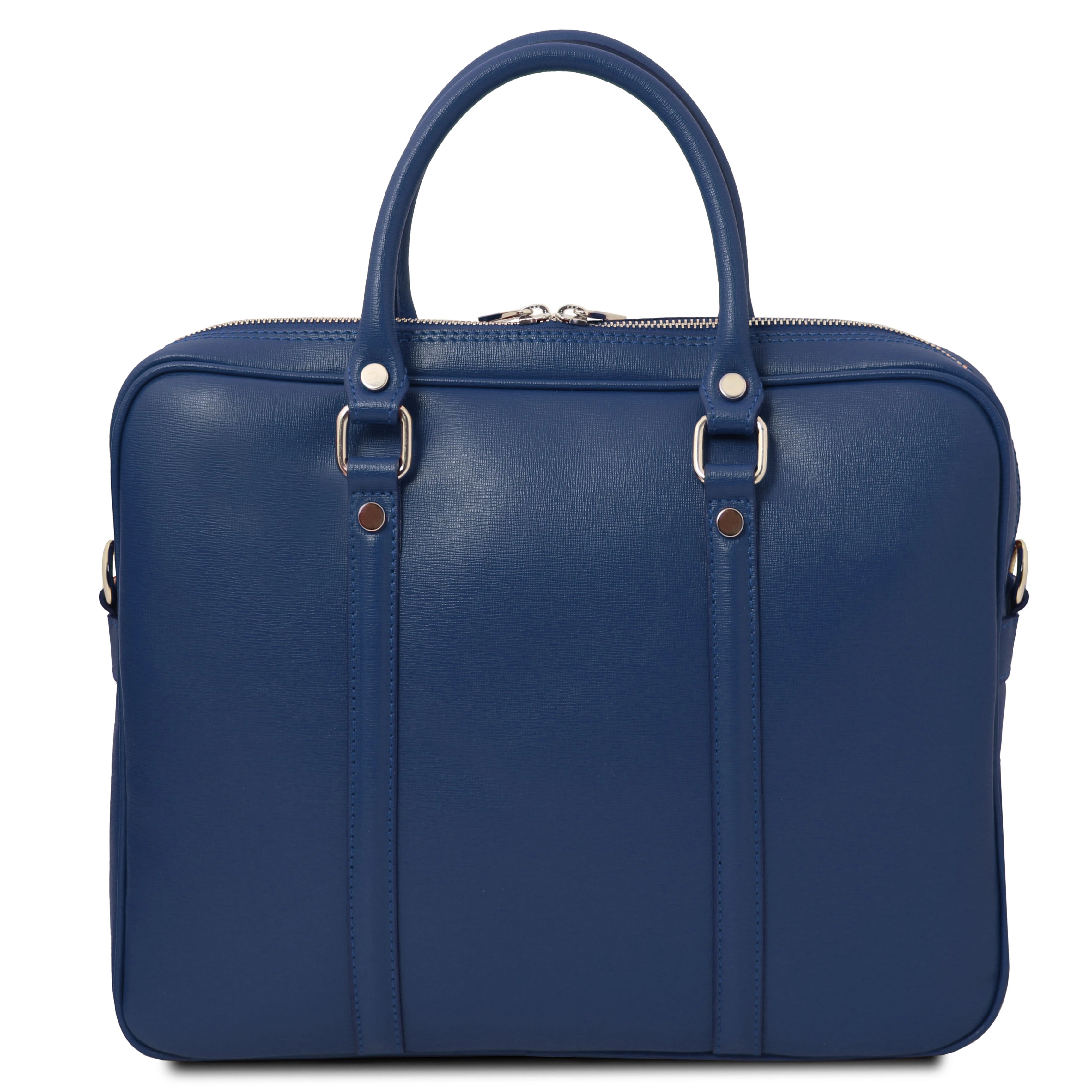 Back view Prato Saffiano Italian Leather Laptop Case in blue with beige lining