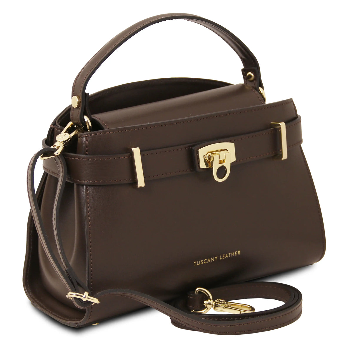 Brown leather handbag with gold accents and detachable shoulder strap on a white background