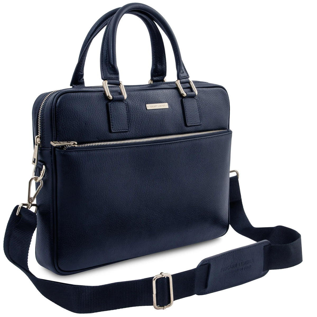 Front angled view blue leather briefcase with shoulder strap and silver accents on a white background