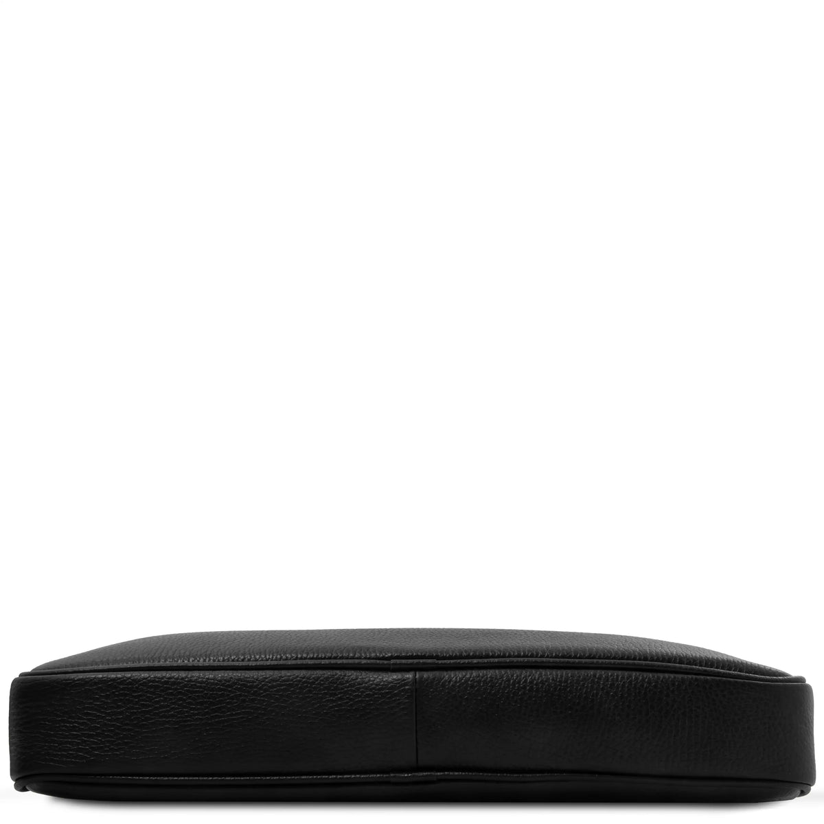 Bottom view black leather bag on a white background