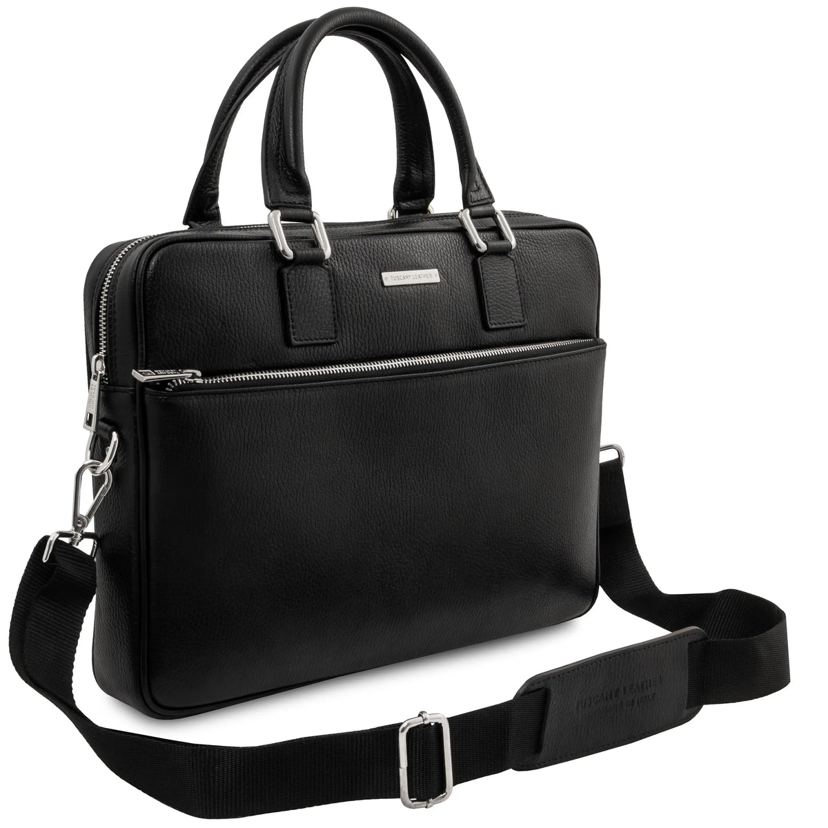Front angled view black leather briefcase with shoulder strap and silver accents on a white background