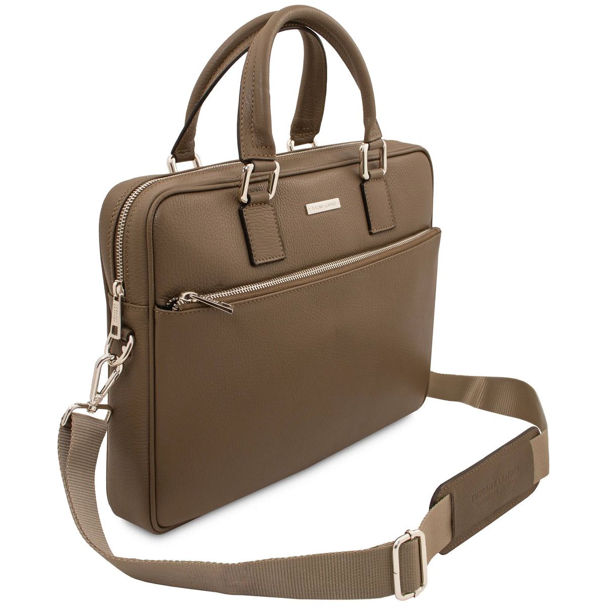 Front angled view taupe leather briefcase with shoulder strap and silver accents on a white background