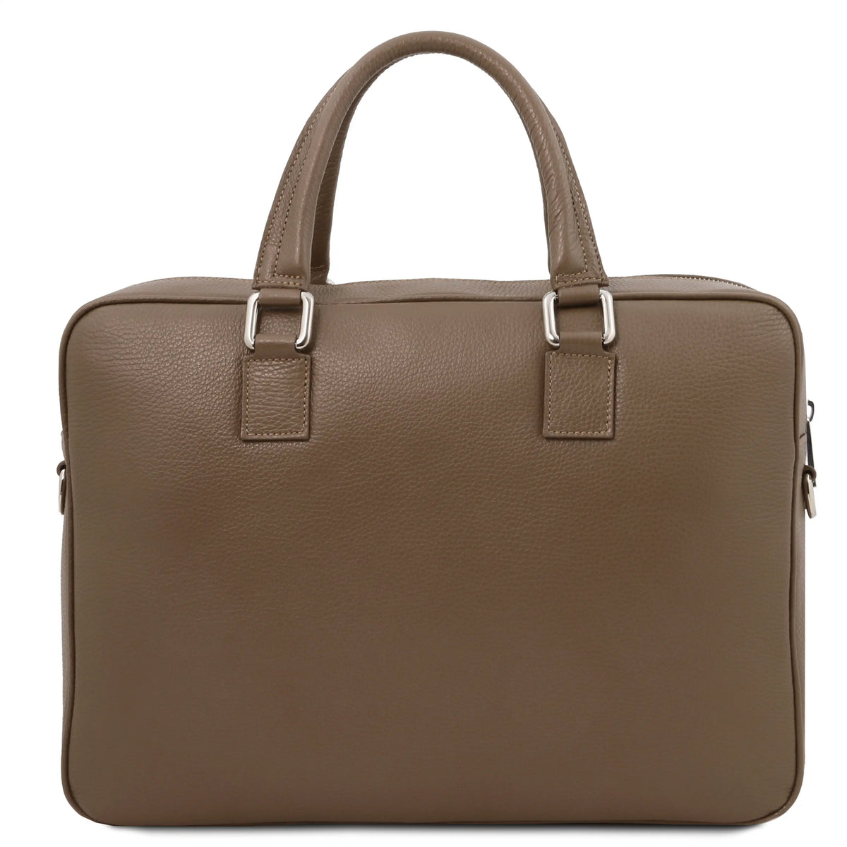 Rear view taupe leather briefcase with silver hardware on a white background