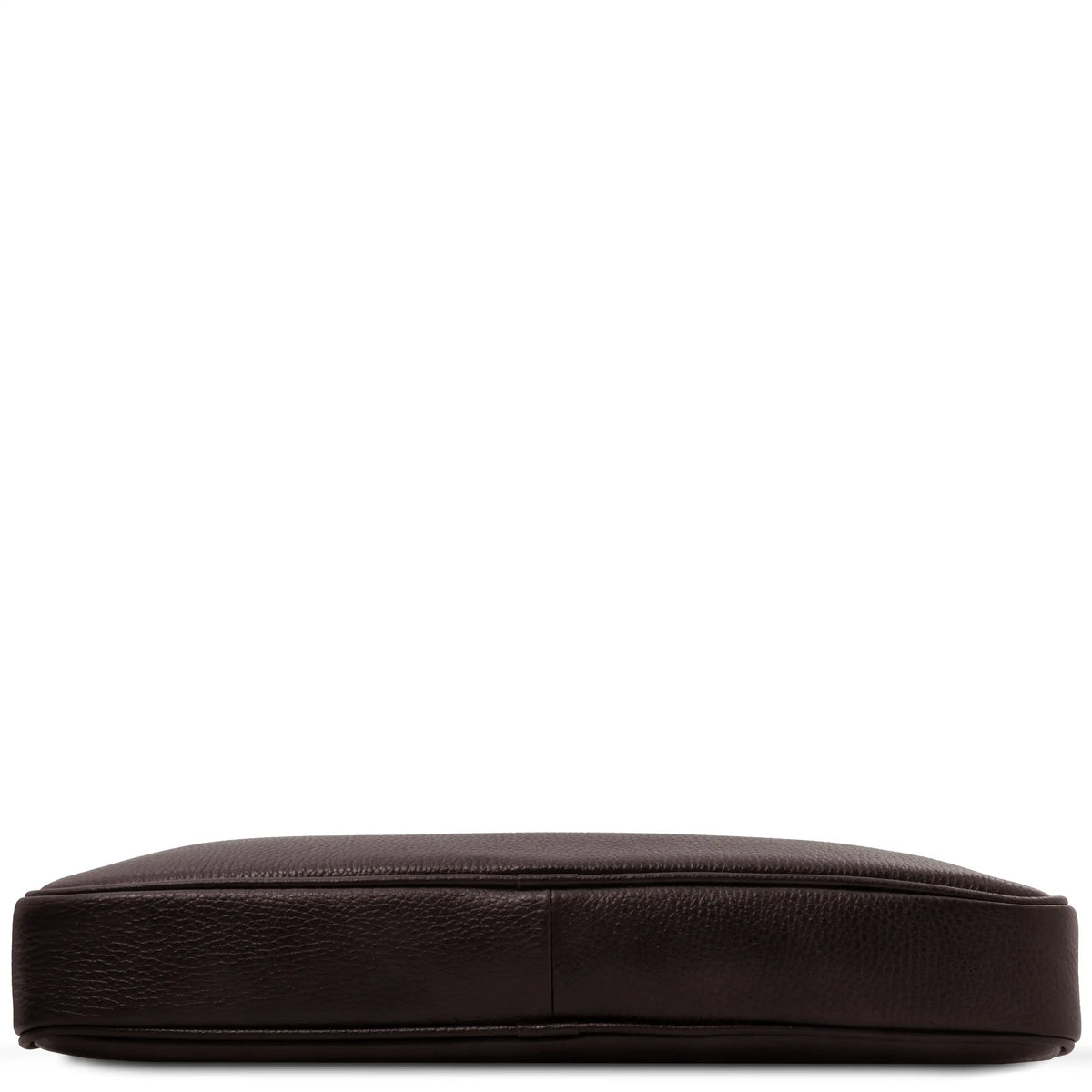 Bottom view dark brown leather bag on a white background
