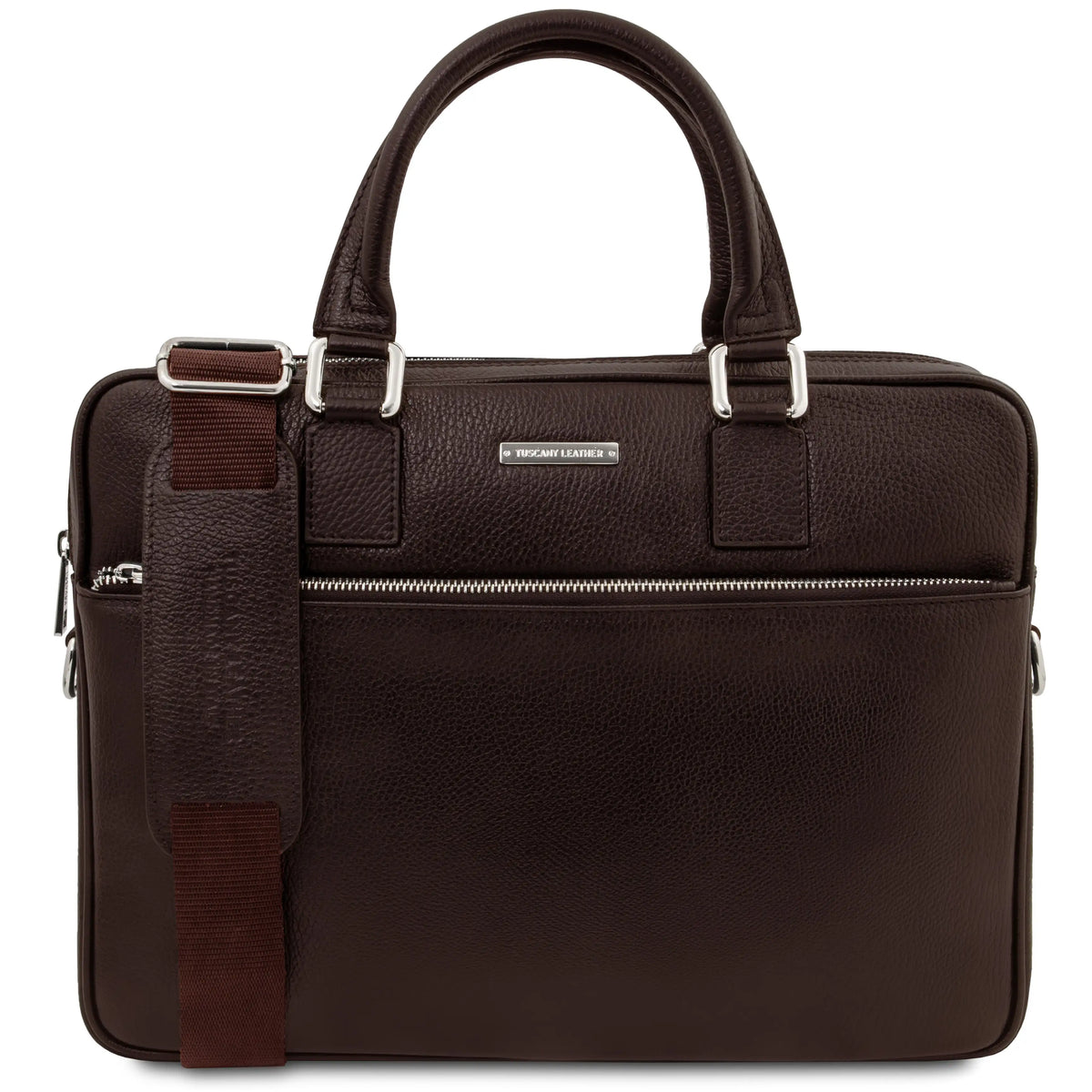Ferrara Leather Laptop Briefcase in dark brown with dual top handles, a front zippered pocket, and an adjustable shoulder strap, shown on a plain white background.
