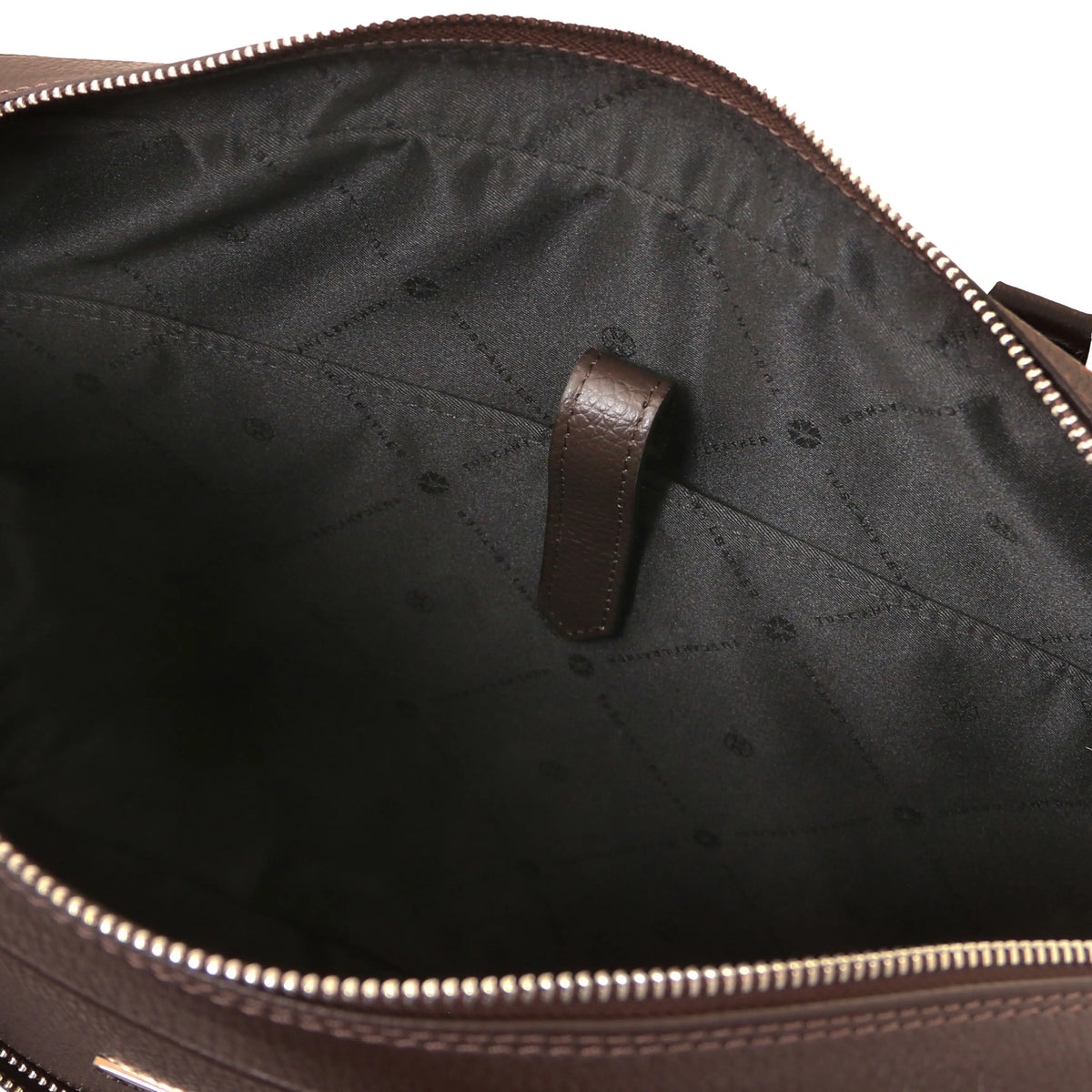 Close-up of a dark brown leather bag with a zipper, showing the black interior and laptop compartment