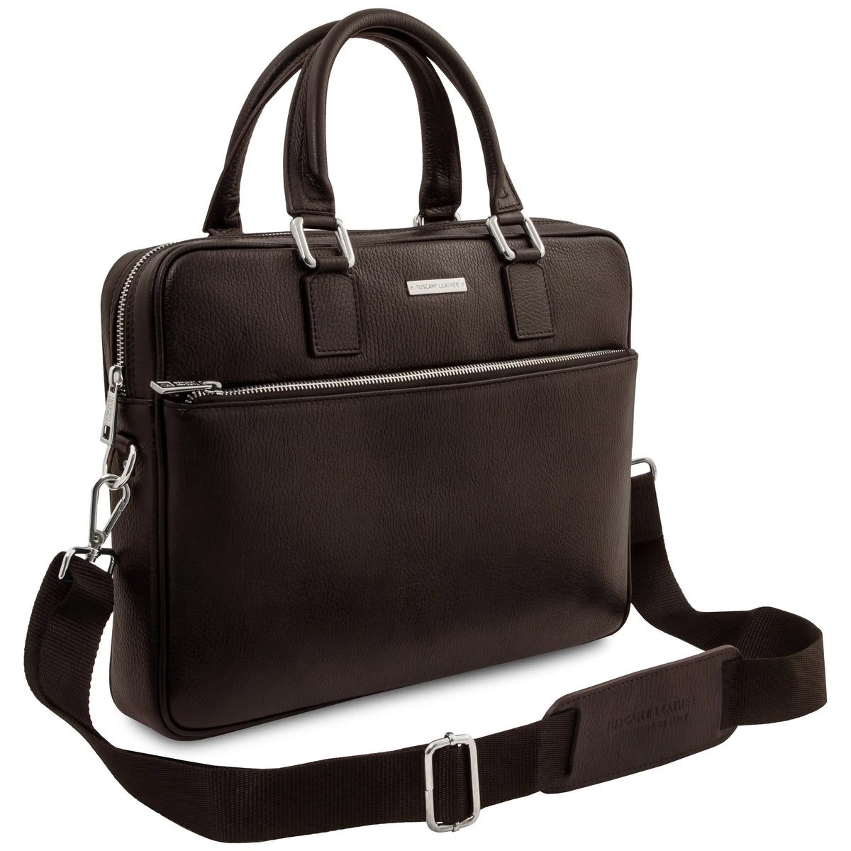 Front angled view dark brown leather briefcase with shoulder strap and silver accents on a white background