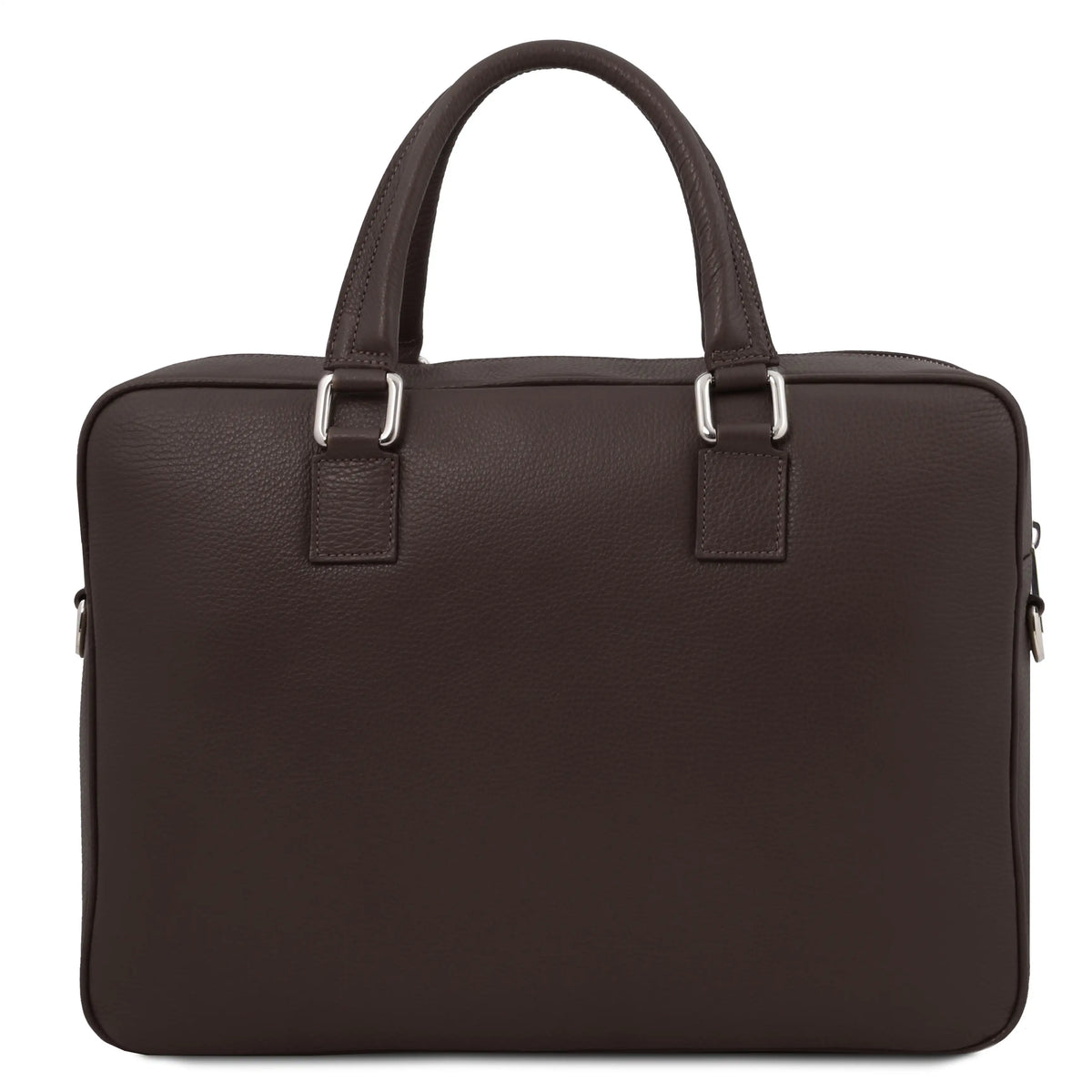 Rear view dark brown leather briefcase with silver hardware on a white background