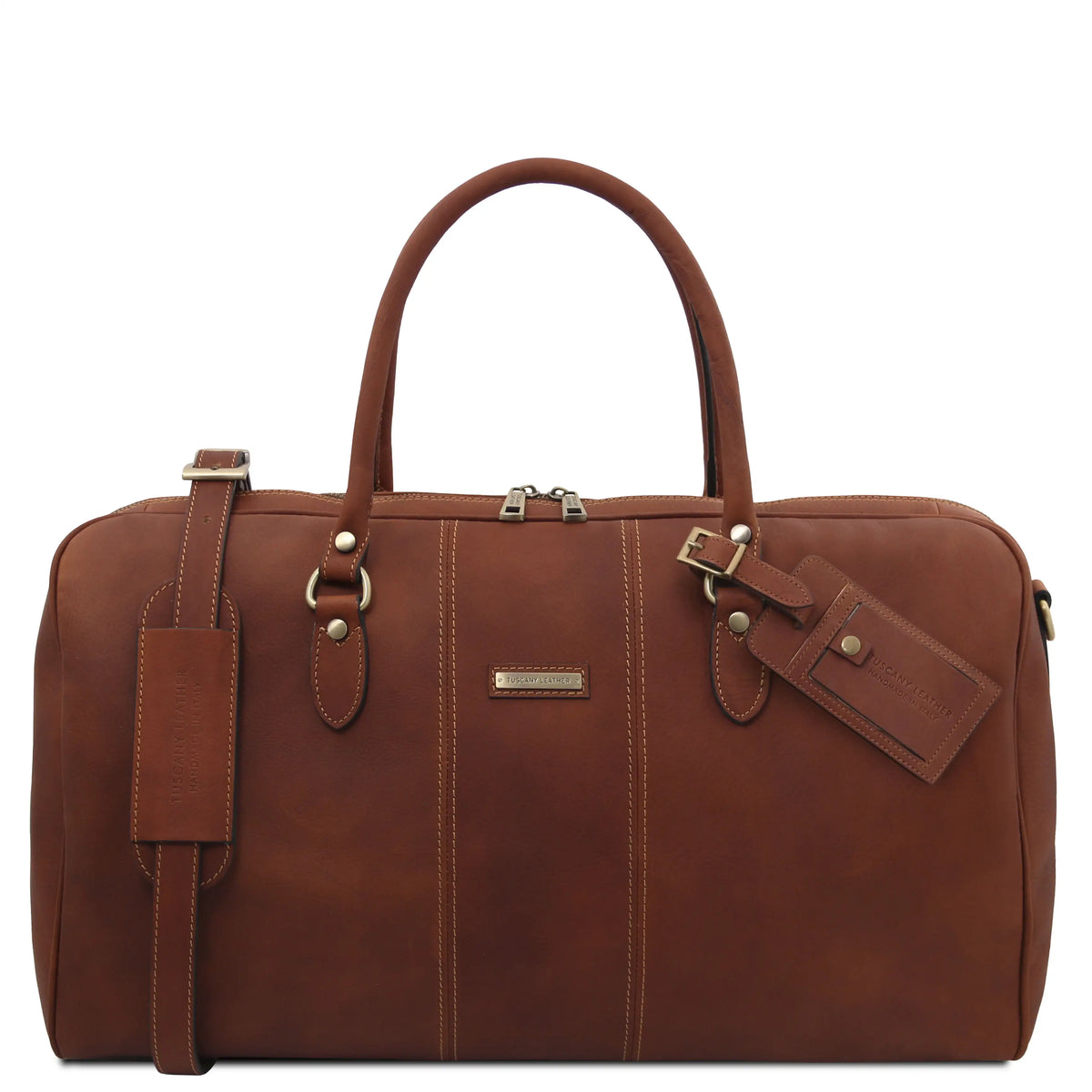 Brown leather duffel bag with gold hardware on a white background