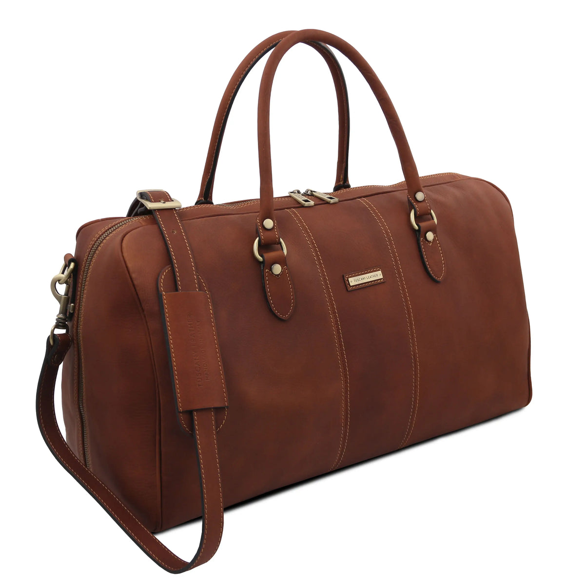 Brown leather duffel bag with a removable shoulder strap on a white background