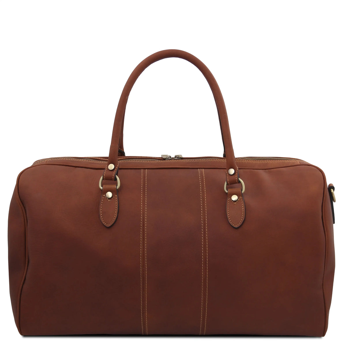 Back view crown leather duffel bag on a white background