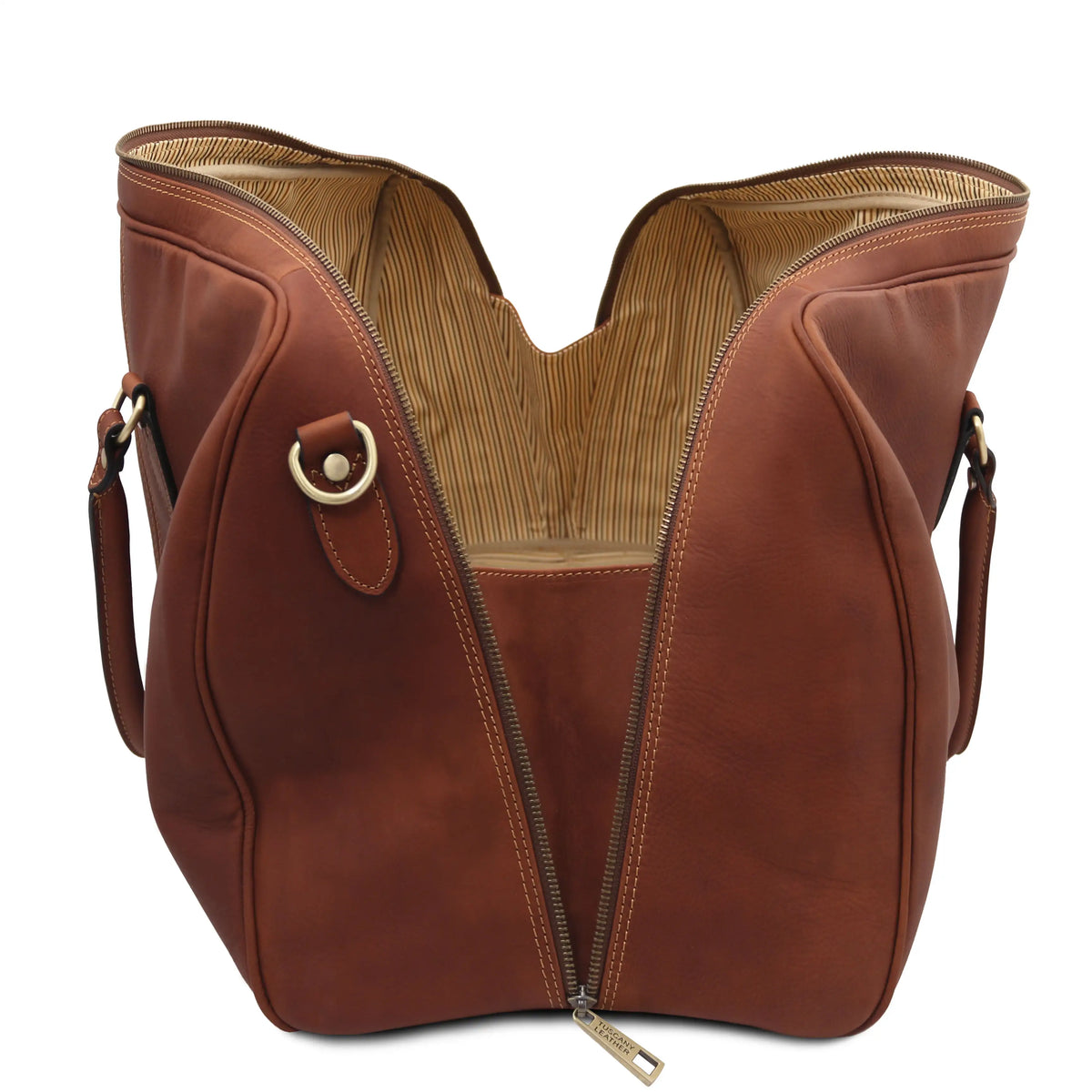 Brown leather handbag with gold zipper and cotton striped ticking on a white background