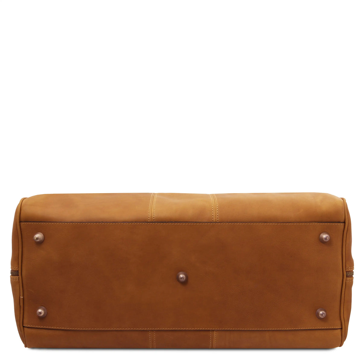 Bottom view natural leather bag with silver studs on a white background