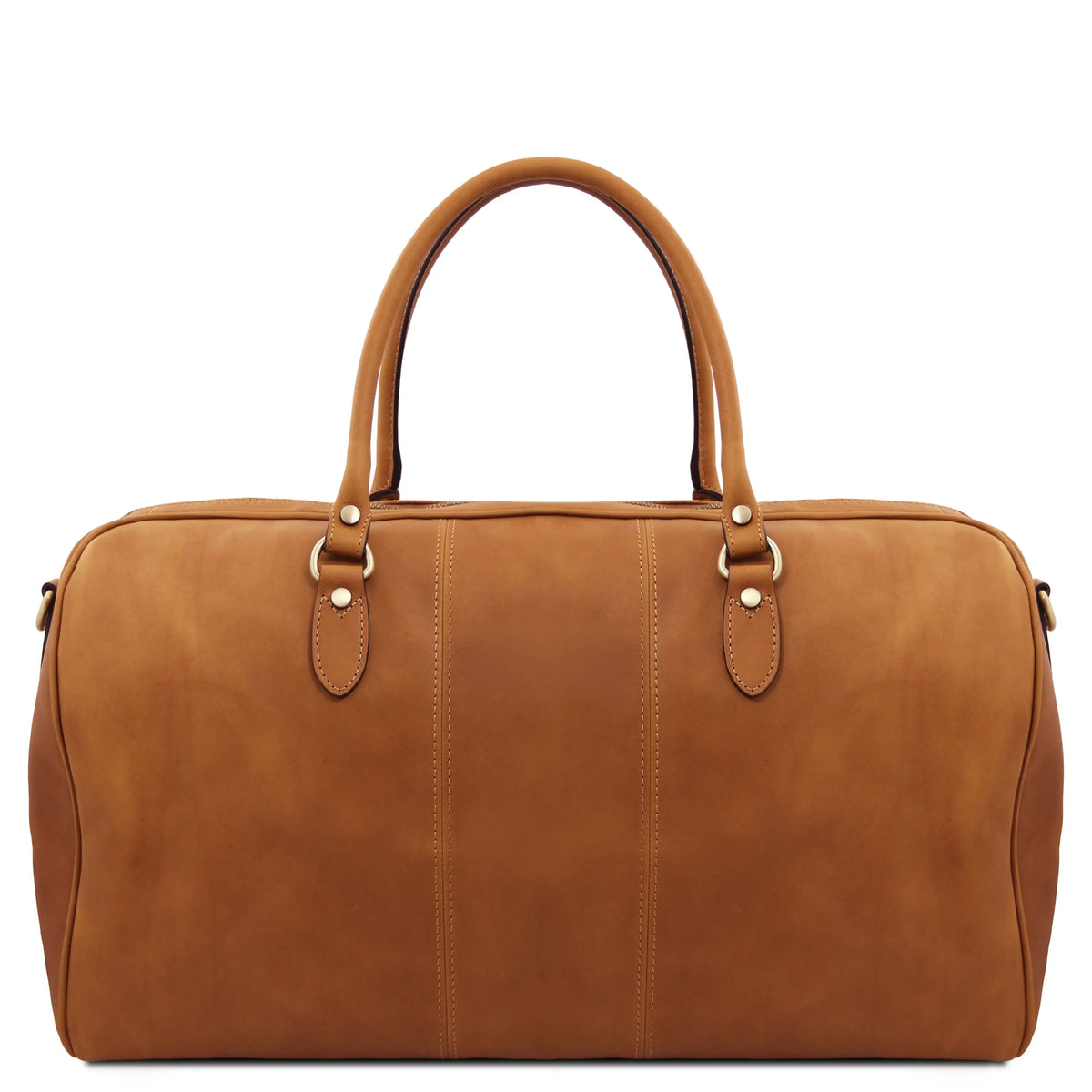 Rear view of A natural leather duffle bag with dual top handles, gold-tone hardware, and vertical stitched paneling, shown against a plain white background.