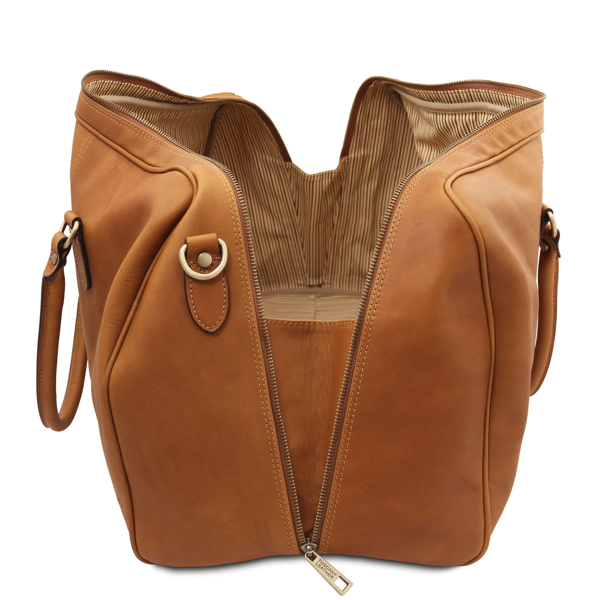 Natural leather handbag with a gold zipper and striped cotton ticking on a white background