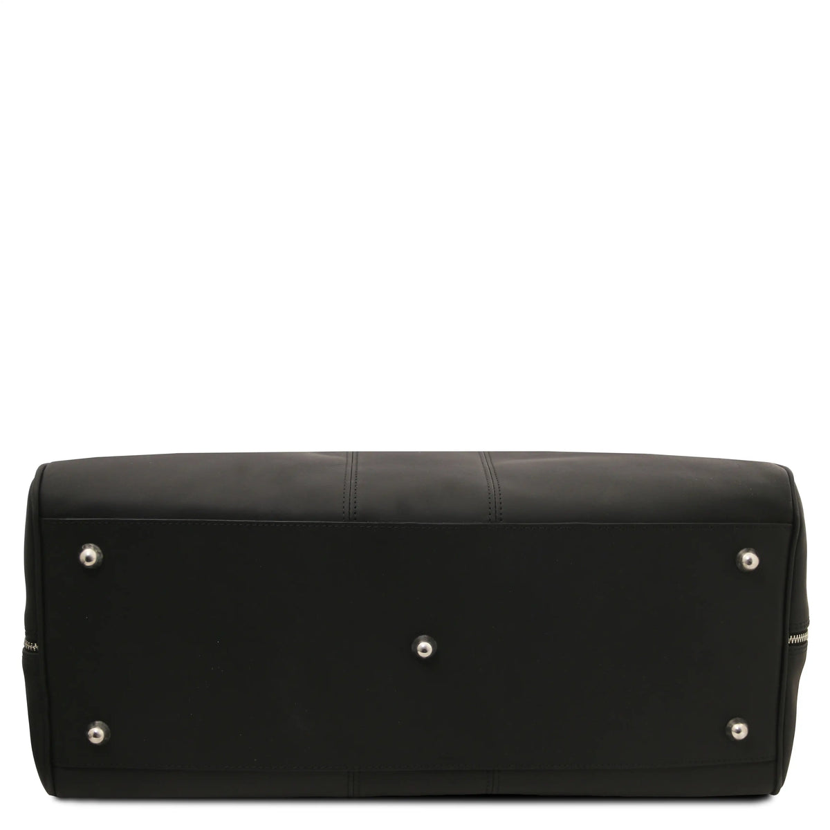 Bottom view black leather handbag with silver studs on a white background