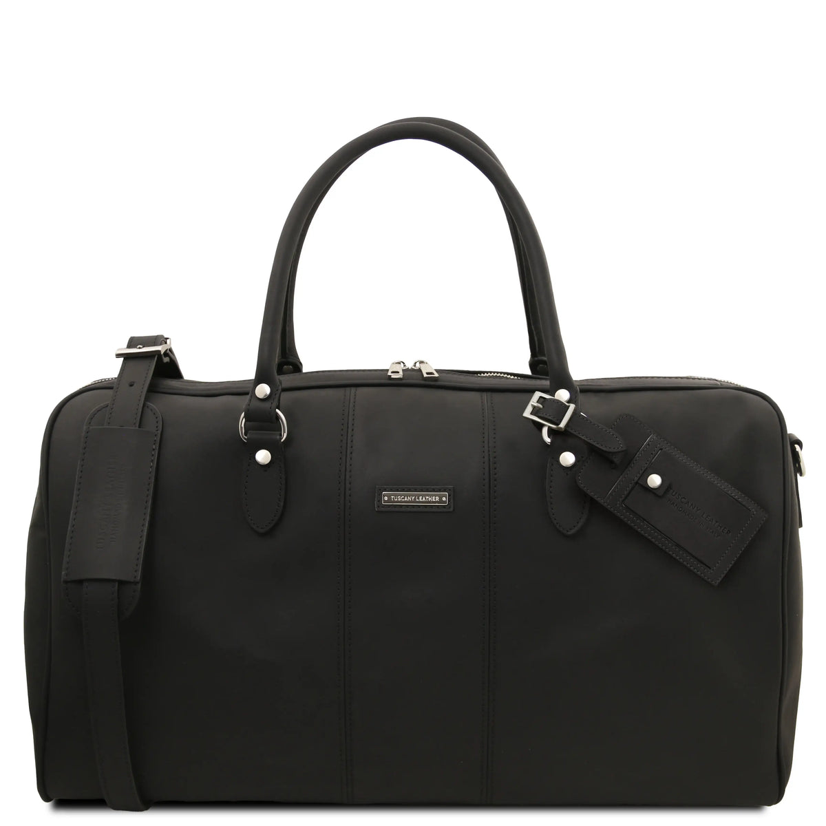 Black travel bag with a strap and tag on a white background