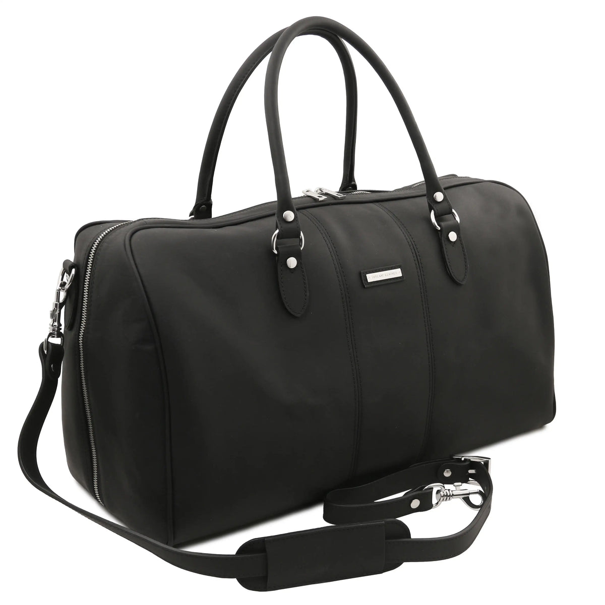 Black duffel bag with shoulder strap on a white background