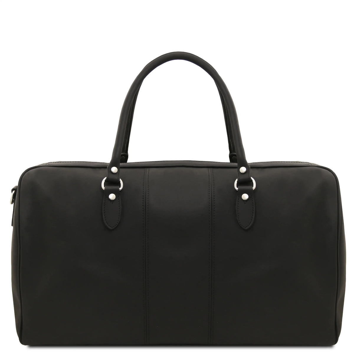 A black leather duffel bag with dual top handles, silver-tone hardware, and vertical stitched panel details on the front, shown against a plain white background.