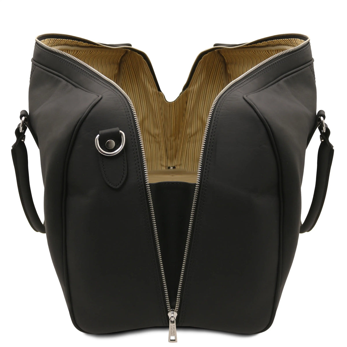 Black leather handbag with a zipper and cotton striped interior on a white background