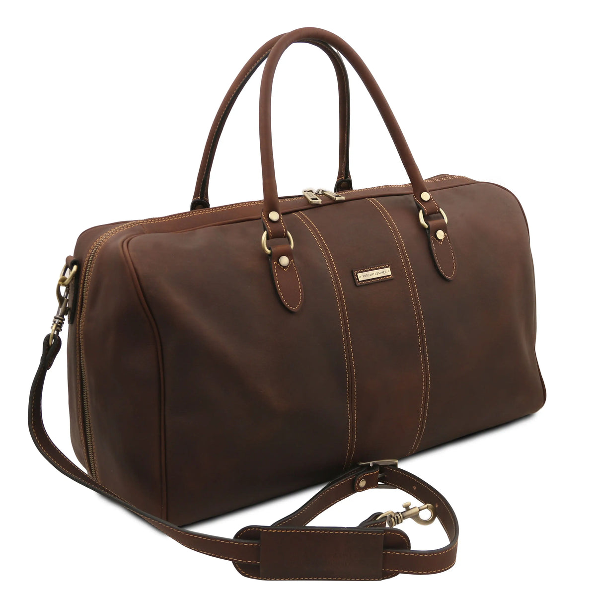 Dark brown leather duffel bag with shoulder strap on a white background