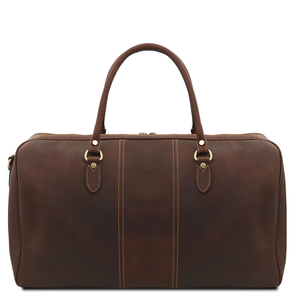 Back view brown leather duffel bag on a white background