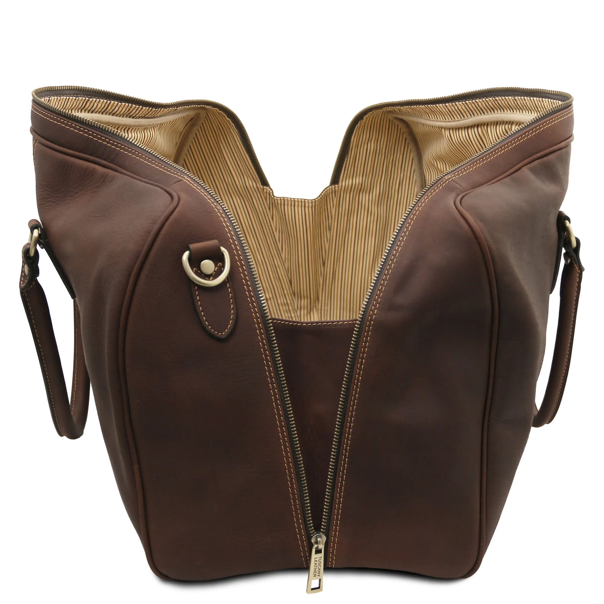 Dark brown leather handbag with gold zipper on a white background