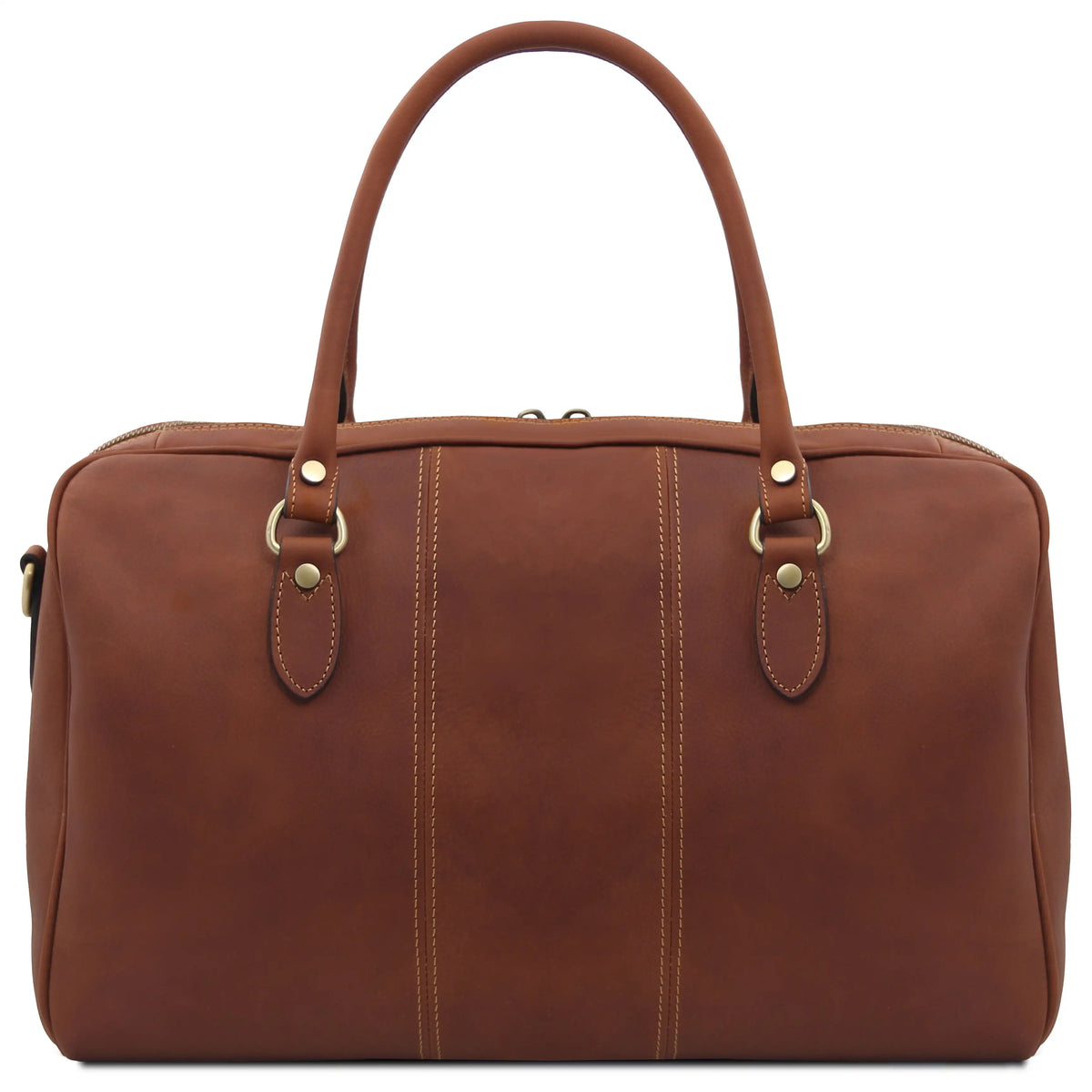 Back view brown leather duffel bag with handles on a white background