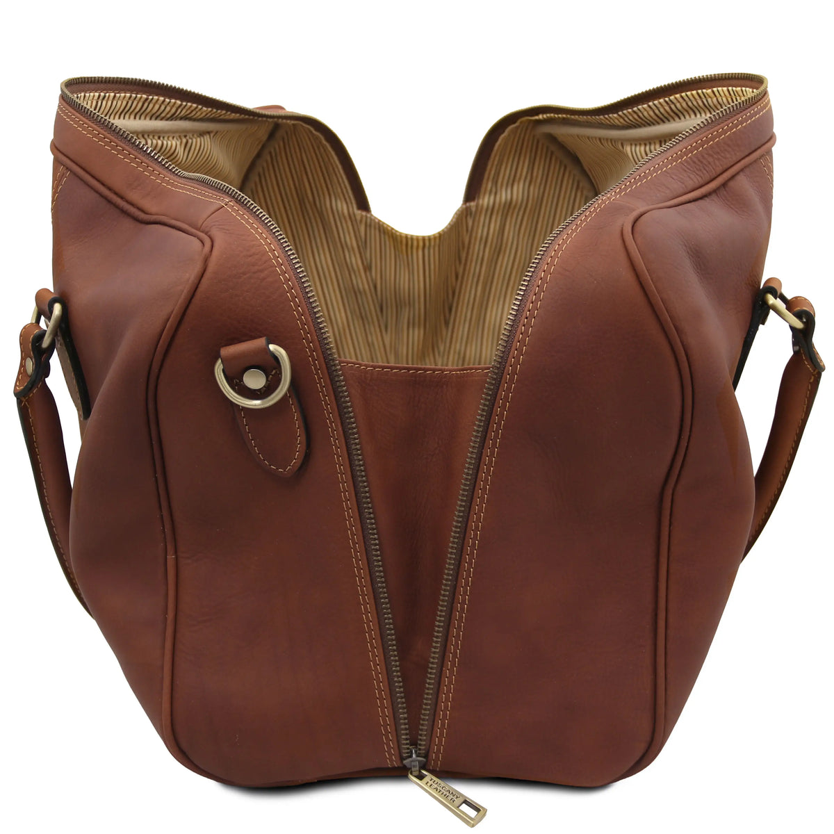 Brown leather duffel bag with a silver sipper, striped cotton ticking lining on a white background