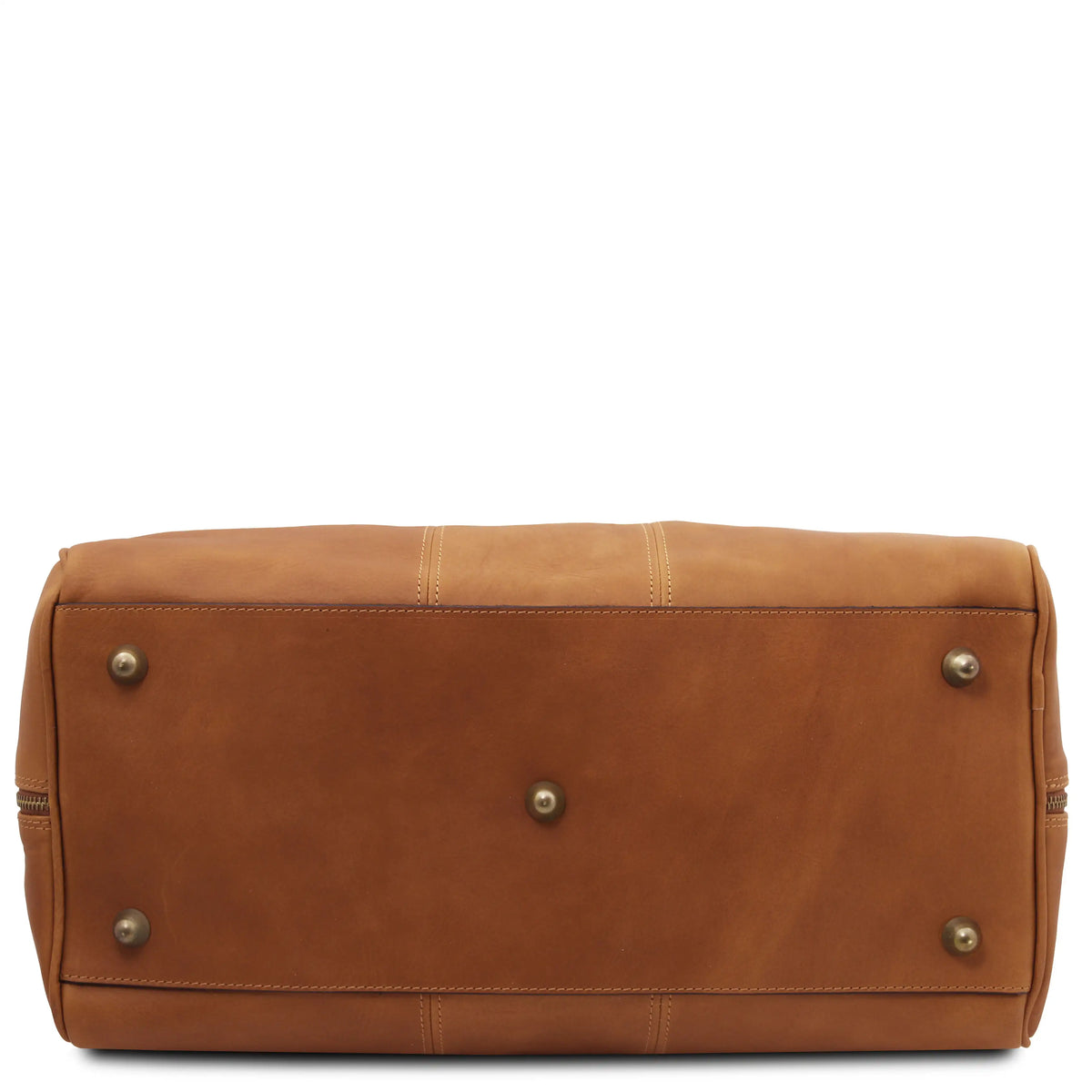 Natural leather duffel bag shown from the bottom, featuring brass-colored metal studs on a solid white background.