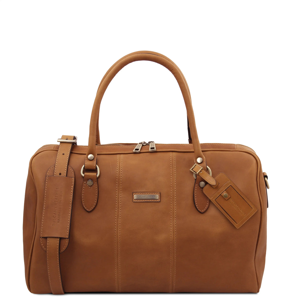 natural leather duffel bag with a luggage tag on a white background