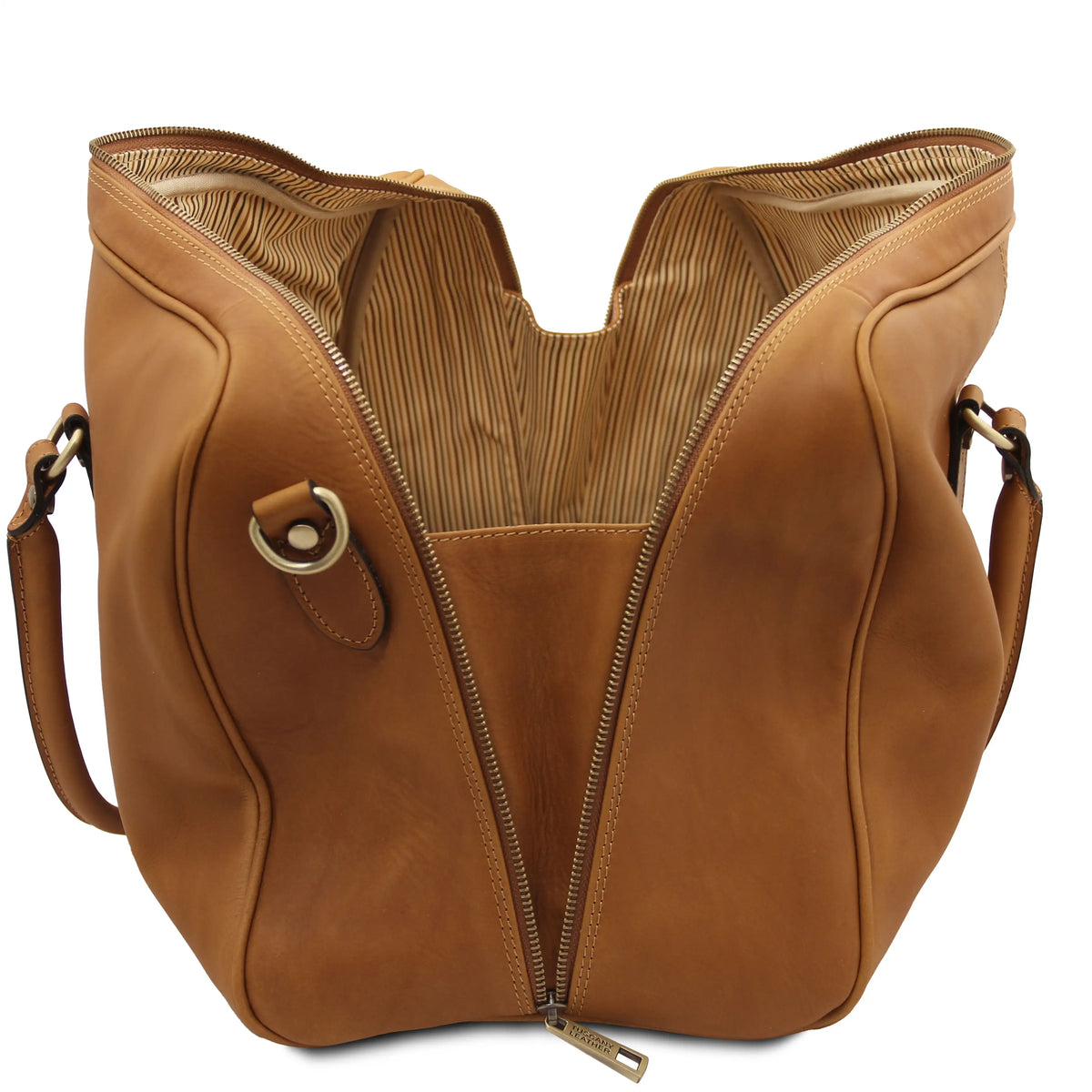 Natural leather duffel bag  with a zipper and cotton striped ticking lining on a white background