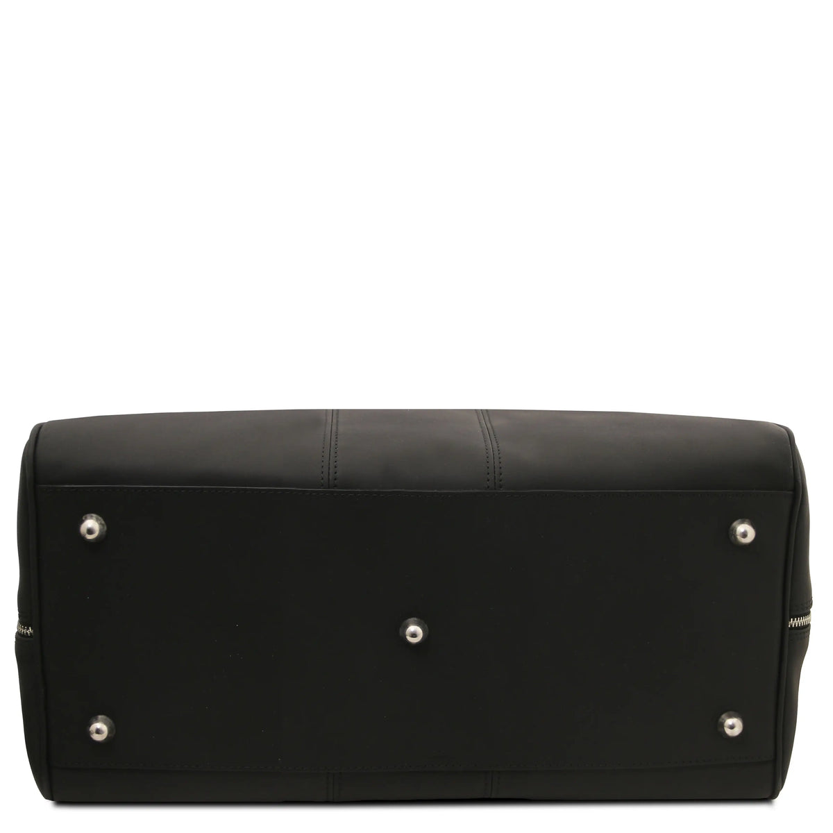Natural leather duffel bag shown from the bottom, featuring silver-tone metal studs on a solid white background.