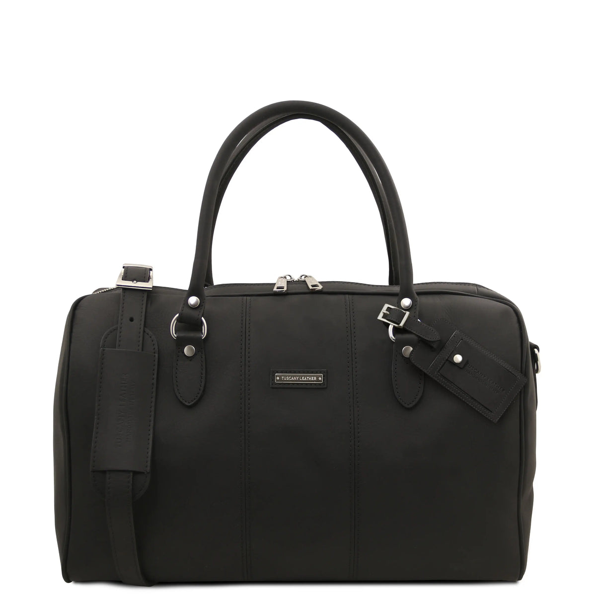 Black leather duffel bag with a visible brand logo on a white background