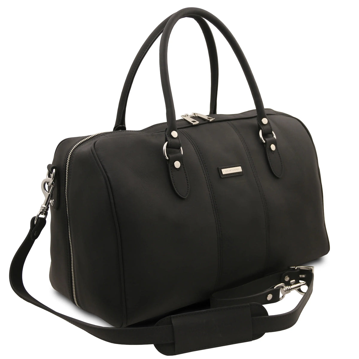 Black  leather duffel bag with a detachable shoulder strap on a white background