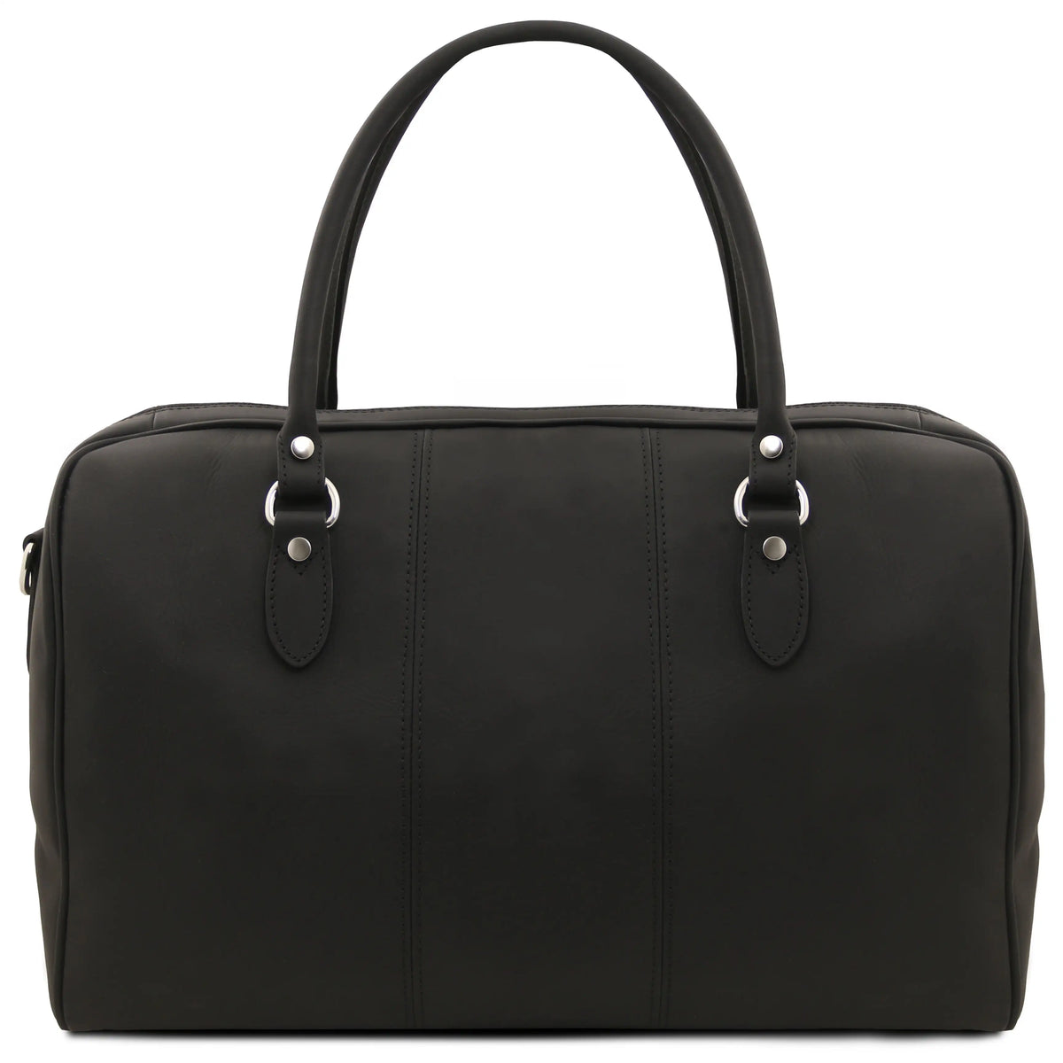 Back view black leather duffel bag with handles on a white background