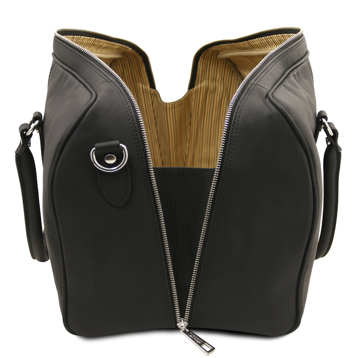 Black leather duffel bag with a silver sipper, striped cotton ticking lining on a white background