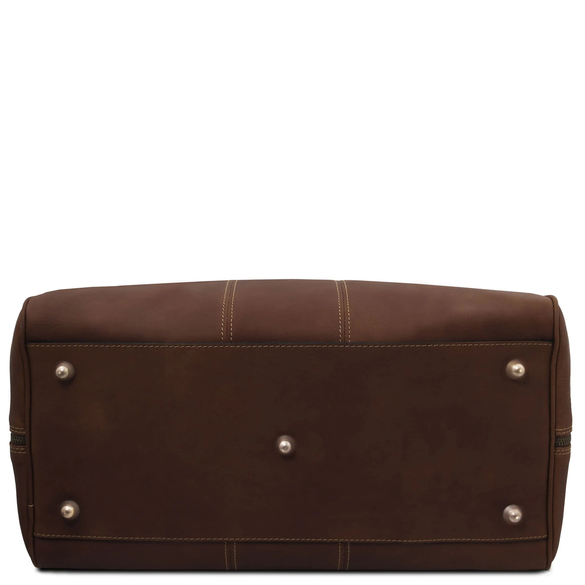 Dark brown leather duffel bag shown from the bottom, featuring  brass-colored metal studs on a solid white background.