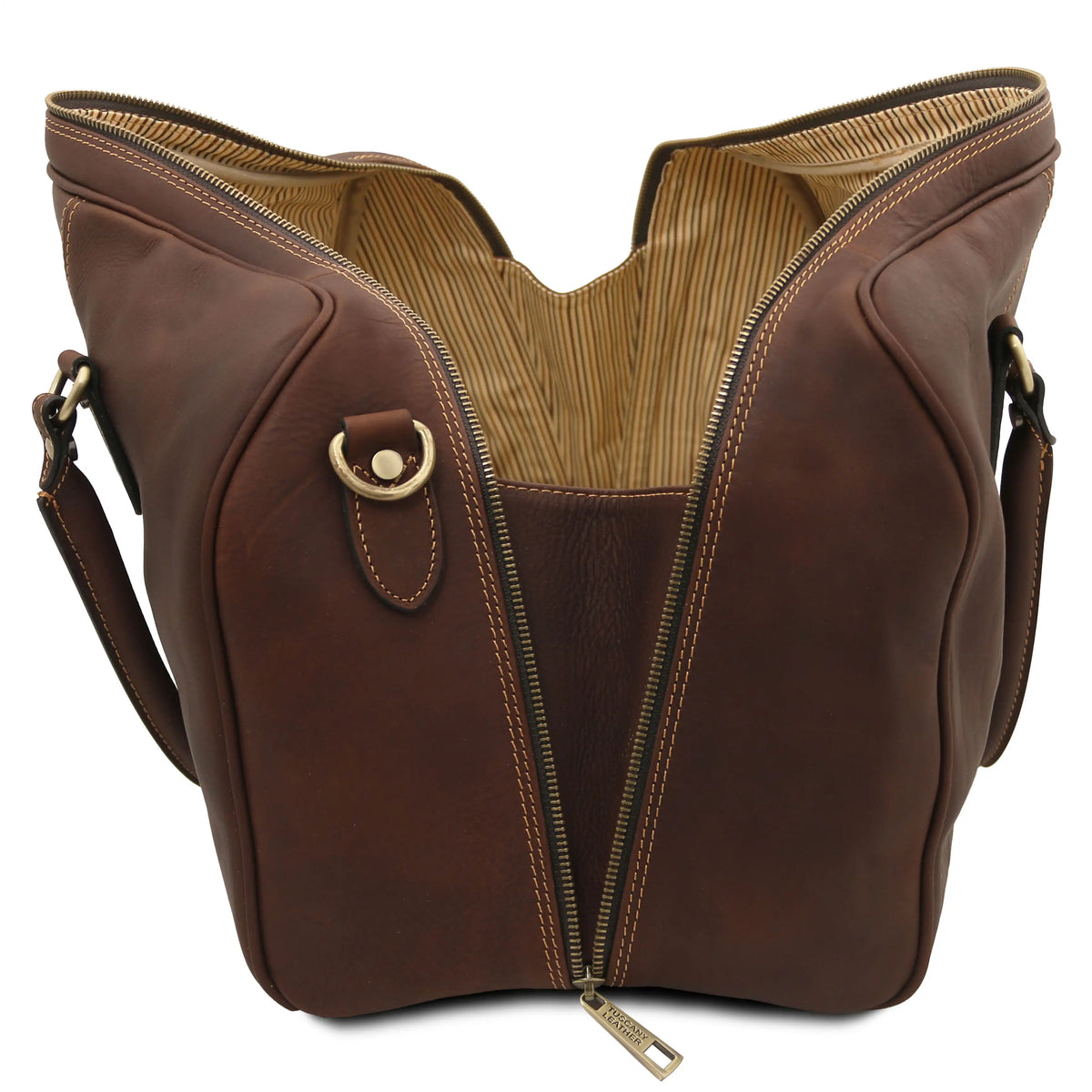 Dark brown leather duffel bag with a silver sipper, striped cotton ticking lining on a white background.