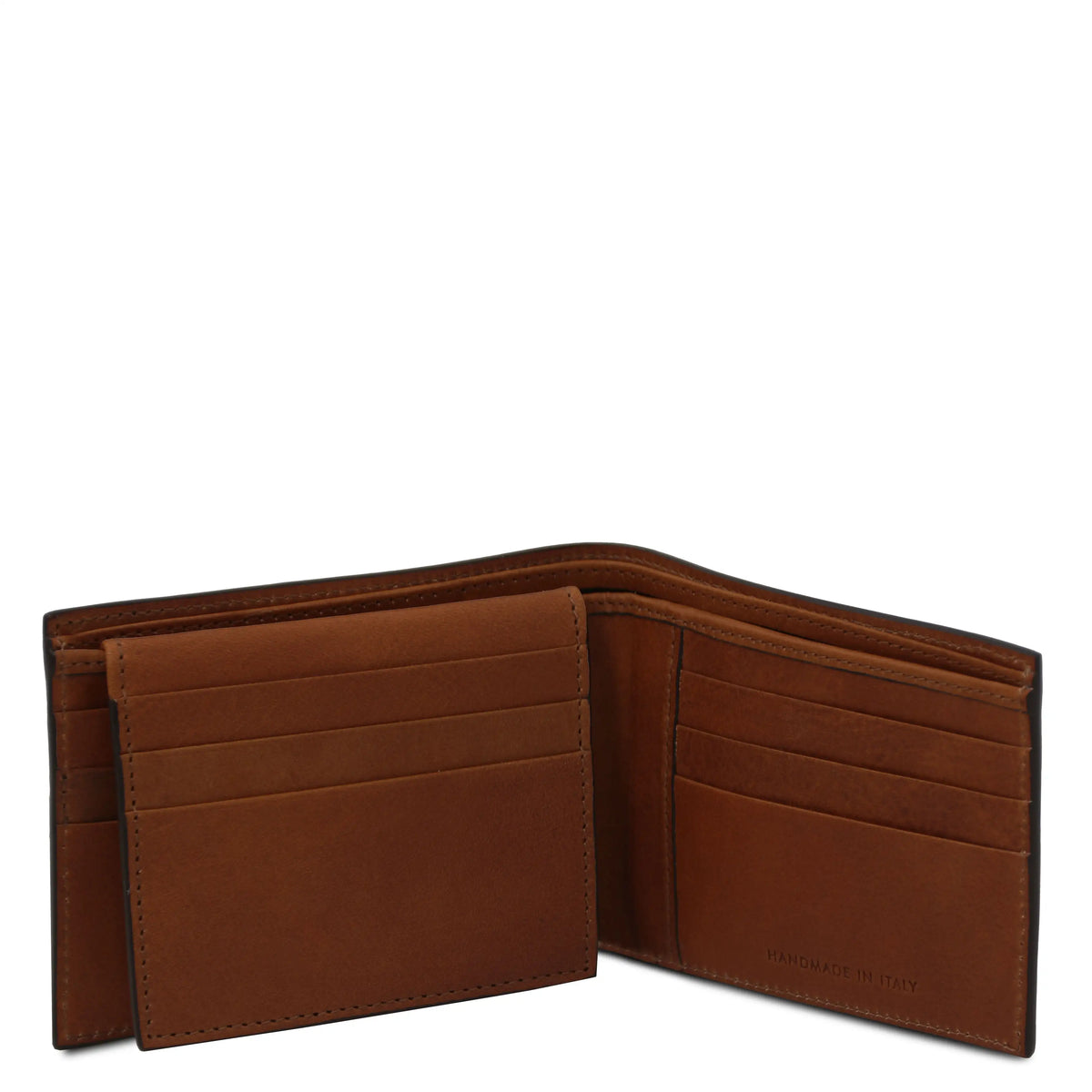 Brown leather wallet opened on a white background