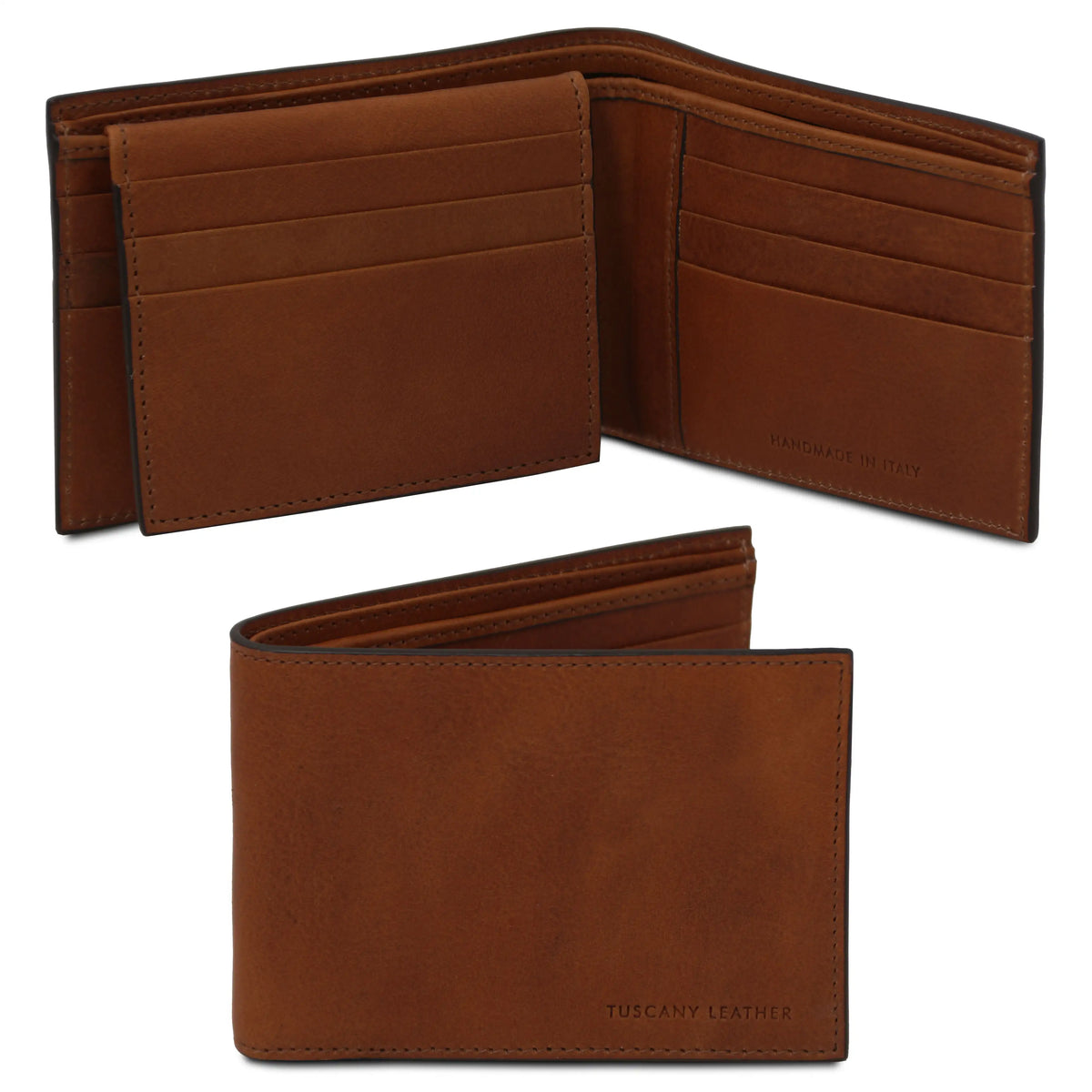 Brown leather wallet shown open and closed on a white background