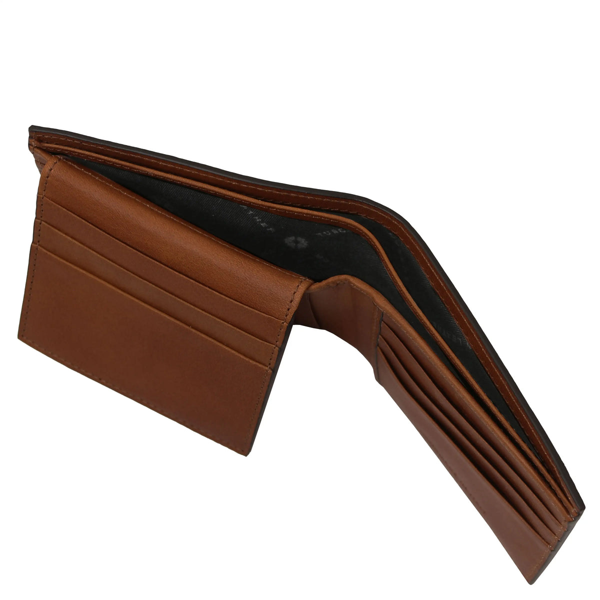 Brown leather wallet showing two currency compartments on a white background