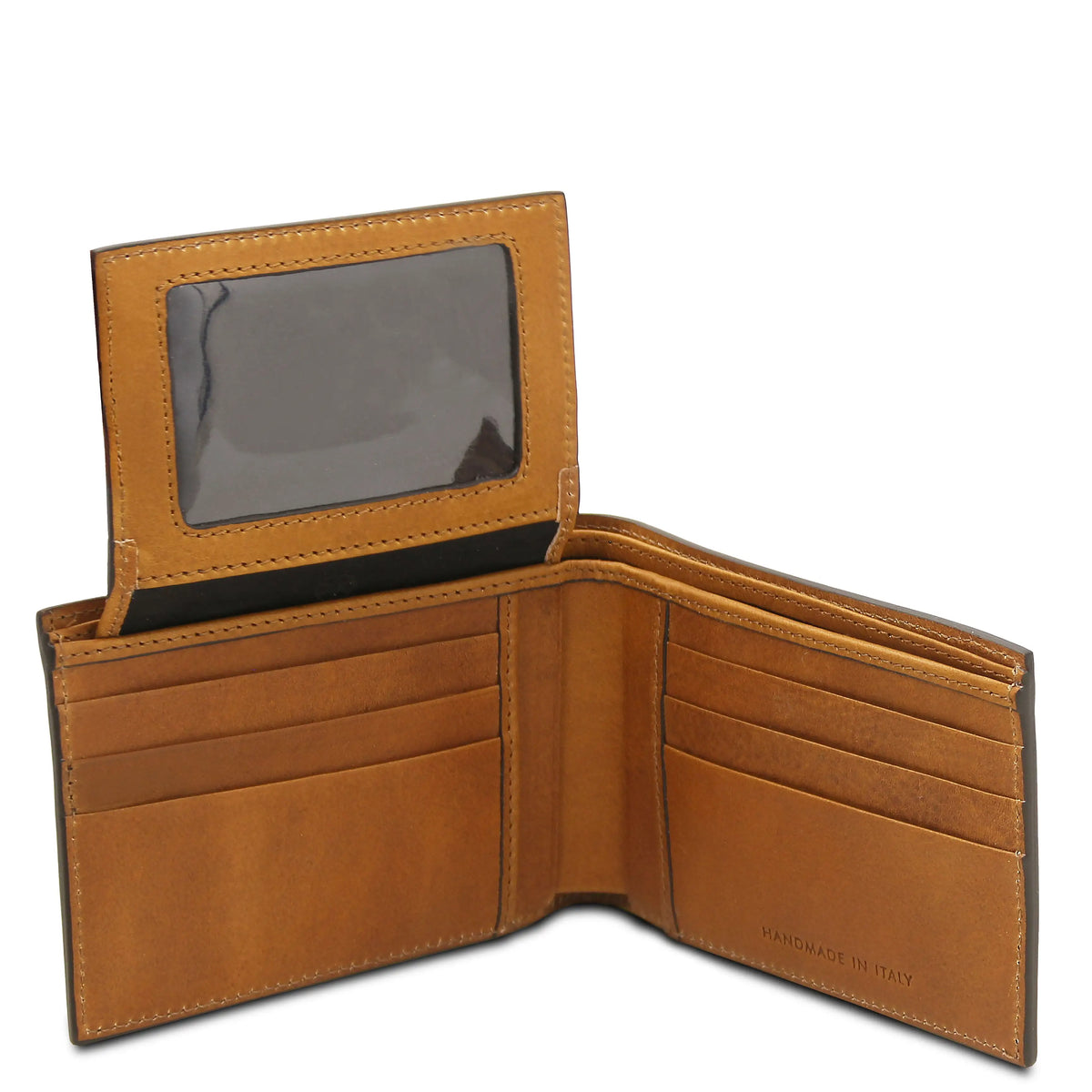 Natural leather wallet opened showing ID and credit card storage on a white background