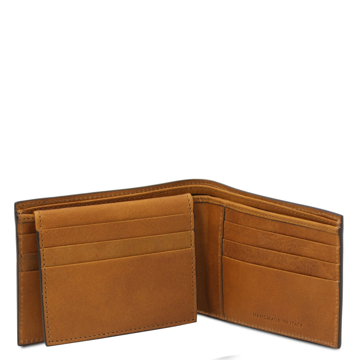 Natural leather wallet opened on a white background