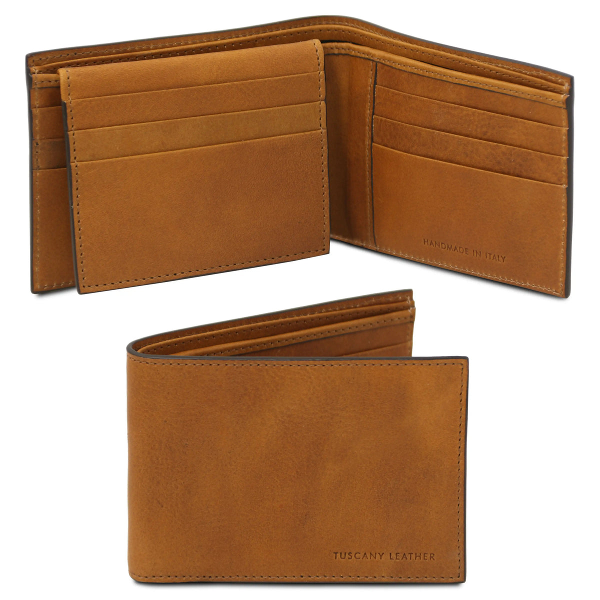 Natural leather wallet shown open and closed on a white background