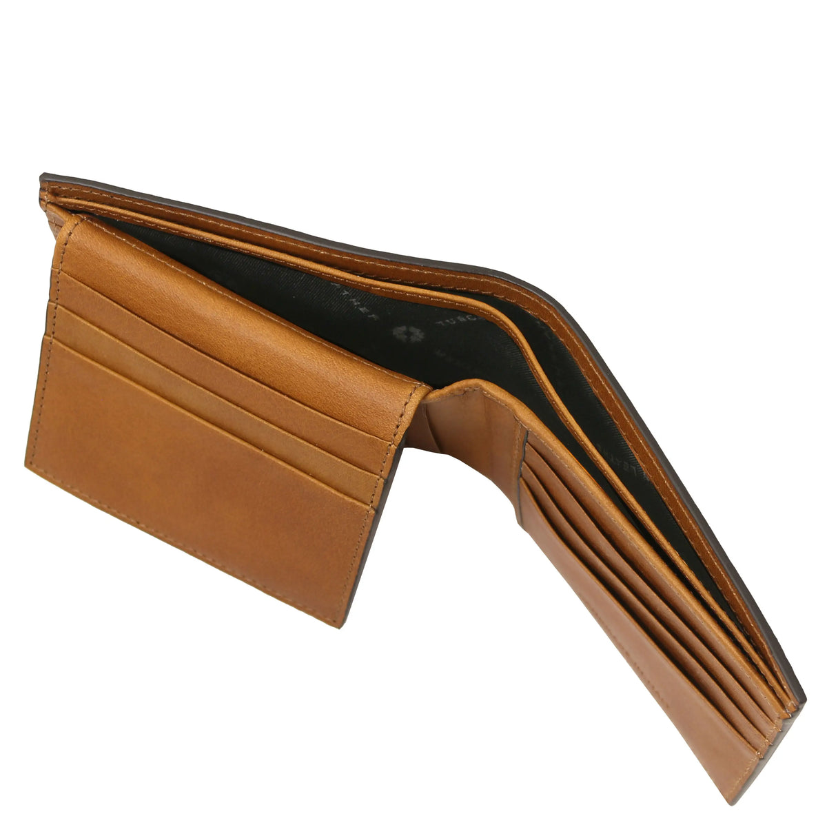 Natural leather wallet showing two currency compartments on a white background