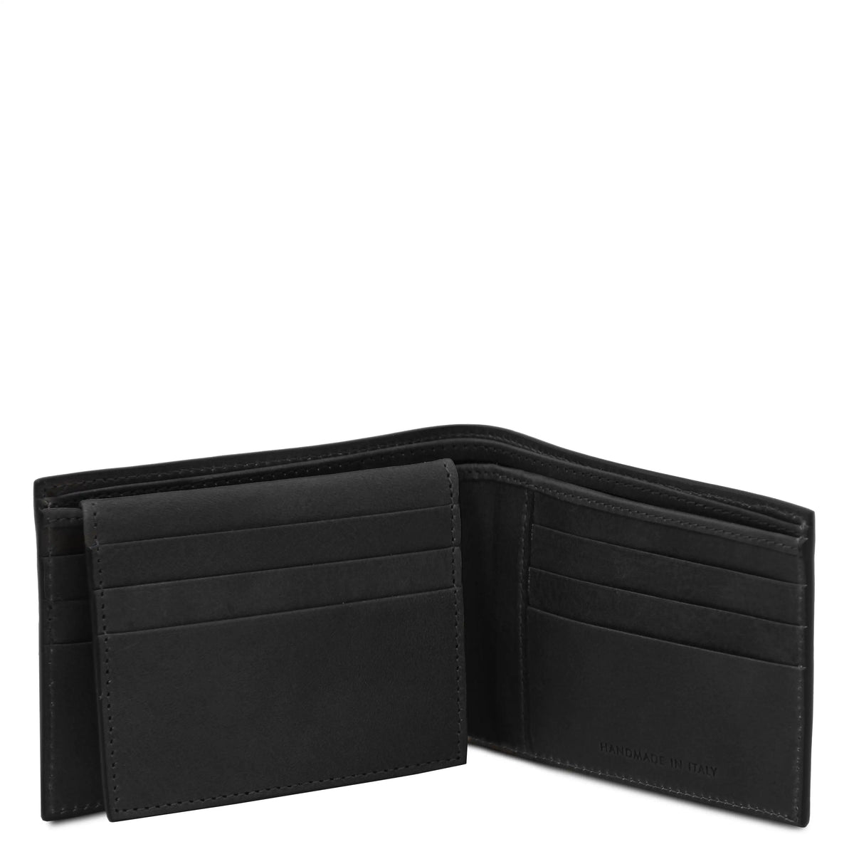 Black leather wallet opened on a white background