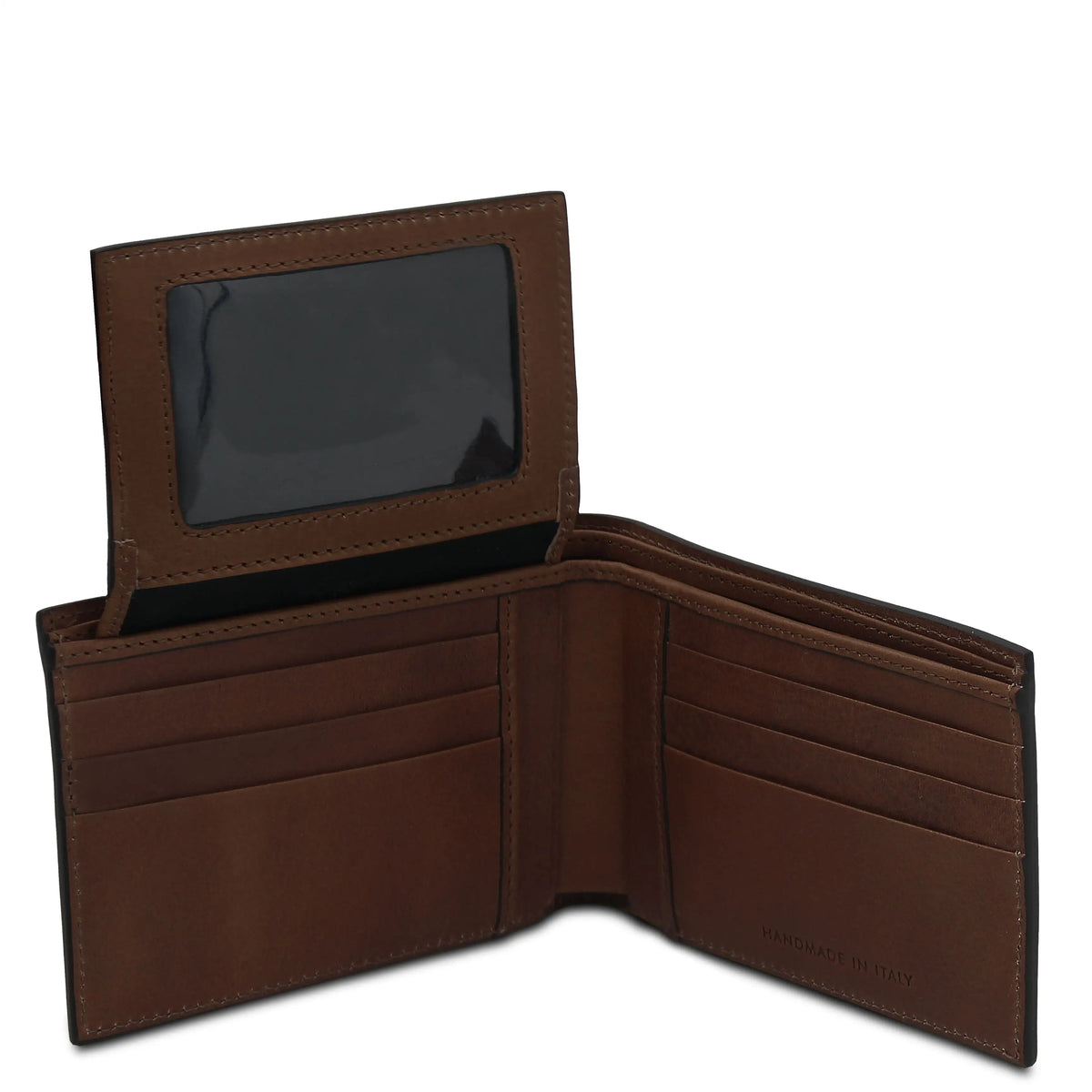 Dark Brown leather wallet opened showing ID and credit card storage on a white background